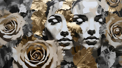 Elegant Women Art Painting-Gold Leaf Roses-Modern Feminine Portrait-Abstract Black White Art-Contemporary Wall Decor-Unique Home Decor-Stylish Fine Art Print