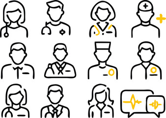 Medical Team Line Icons – Doctors, Nurses, and Healthcare Workers in Modern Minimalist Style Adobe Illustrator Artwork.