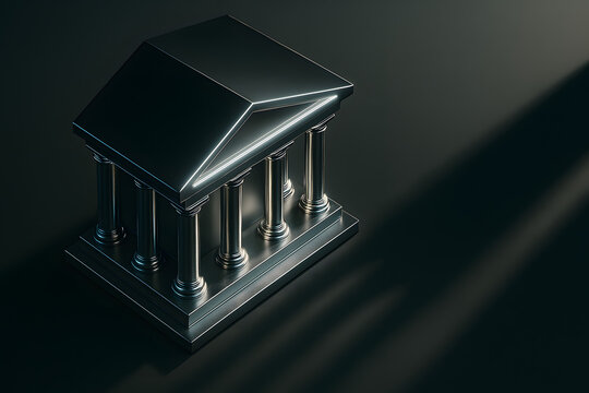 Dark stylized bank building on black pedestal with glowing lines representing digital institutional finance for high-end visualizations in crypto banking security UI identity and