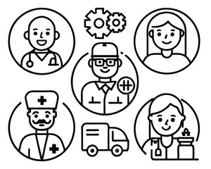 Medical Team Line Icons – Doctors, Nurses, and Healthcare Workers in Modern Minimalist Style Adobe Illustrator Artwork.