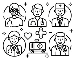 Medical Team Line Icons – Doctors, Nurses, and Healthcare Workers in Modern Minimalist Style Adobe Illustrator Artwork.