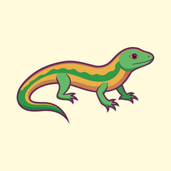 Green and Gold Striped Cartoon Lizard with Purple Outlines Illustration