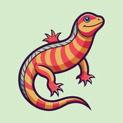 Stylized Cartoon Lizard with Red and Yellow Stripes on a Light Green Background