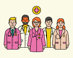 Vector Illustration of Diverse Medical Team of Doctors and Nurses – Healthcare Workers Group Portrait in Flat Cartoon Style for Hospital, Clinic, or Medical Services Design.