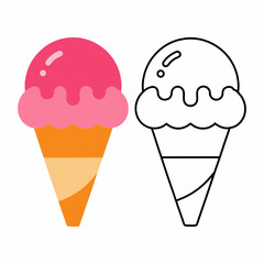 Ice cream cone flat design vector illustration with coloring page outline