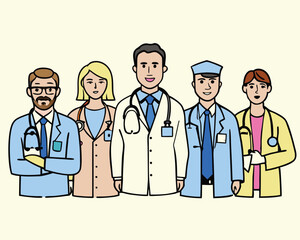Vector Illustration of Diverse Medical Team of Doctors and Nurses – Healthcare Workers Group Portrait in Flat Cartoon Style for Hospital, Clinic, or Medical Services Design.