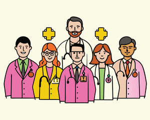 Vector Illustration of Diverse Medical Team of Doctors and Nurses – Healthcare Workers Group Portrait in Flat Cartoon Style for Hospital, Clinic, or Medical Services Design.