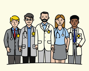 Vector Illustration of Diverse Medical Team of Doctors and Nurses – Healthcare Workers Group Portrait in Flat Cartoon Style for Hospital, Clinic, or Medical Services Design.