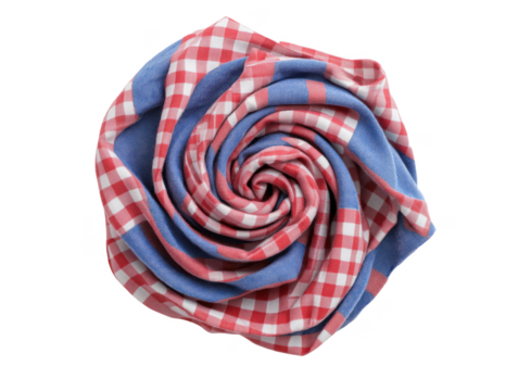 Spiral Folded Red and Blue Checkered Fabric in Whimsical Design, isolated on transparent background, png