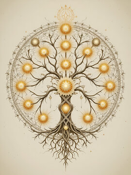 Intricate illustration of the Kabbalistic Tree of Life, featuring ten glowing sefirot orbs interconnected by curved lines, symbolizing divine wisdom and spiritual harmony.