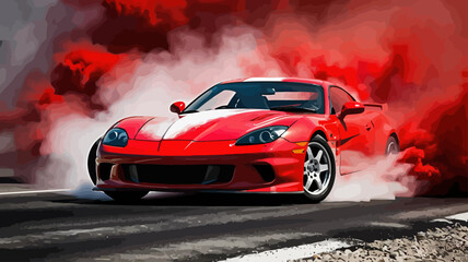 Naklejka premium Red Hot Ride-Stunning Image of a Red Sports Car Burning Rubber with Red Smoke-Experience the Thrill of Speed and Power-Car Photography at Its Finest