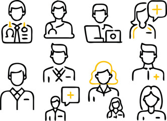 Medical Team Line Icons – Doctors, Nurses, and Healthcare Workers in Modern Minimalist Style Adobe Illustrator Artwork.