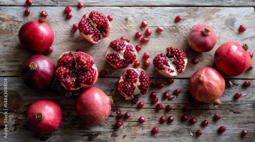 Poster A pomegranate is sliced open to display its bright red seeds, surrounded by whole fruits on a rustic wooden background, capturing a warm and inviting atmosphere
