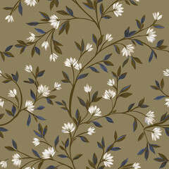 Repeating Pattern Of Stylized Floral Branches With Small White Flowers And Leaves In Shades Of Green And Blue Against A Muted Olive-Green Background.