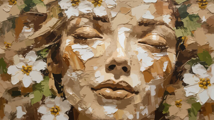 Textural Portrait Painting of a Woman with Flowers-Abstract Face Art with Thick Brushstrokes-Impasto Oil Painting with Floral Accents-Modern Art for Home Decor