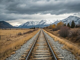 Fototapeta premium Railway journey to mountains under a dramatic cloudy sky