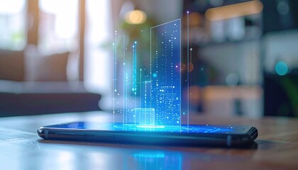 Phone displaying translucent blue data; bokeh backdrop, wooden table