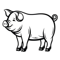 Black Outline Drawing of Pig Standing on White Background, Swine with Curly Tail