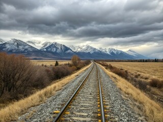 Railway journey to mountains under a dramatic cloudy sky