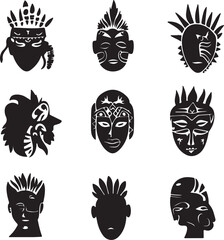 Fototapeta premium Tribal Masks Silhouettes: Vector Art Collection, Black and White Faces