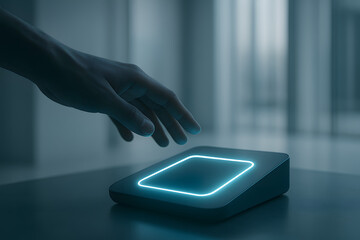 Finger approaching glowing crypto panel in dark room for futuristic contactless payment verification UI demo used for secure financial interface concepts and crypto fintech service