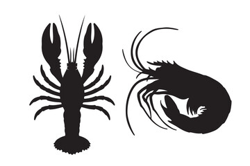 Seafood Silhouettes: A sleek, black and white depiction of a lobster and a shrimp, elegantly illustrating the simple form of the shellfish in a seafood-themed composition.