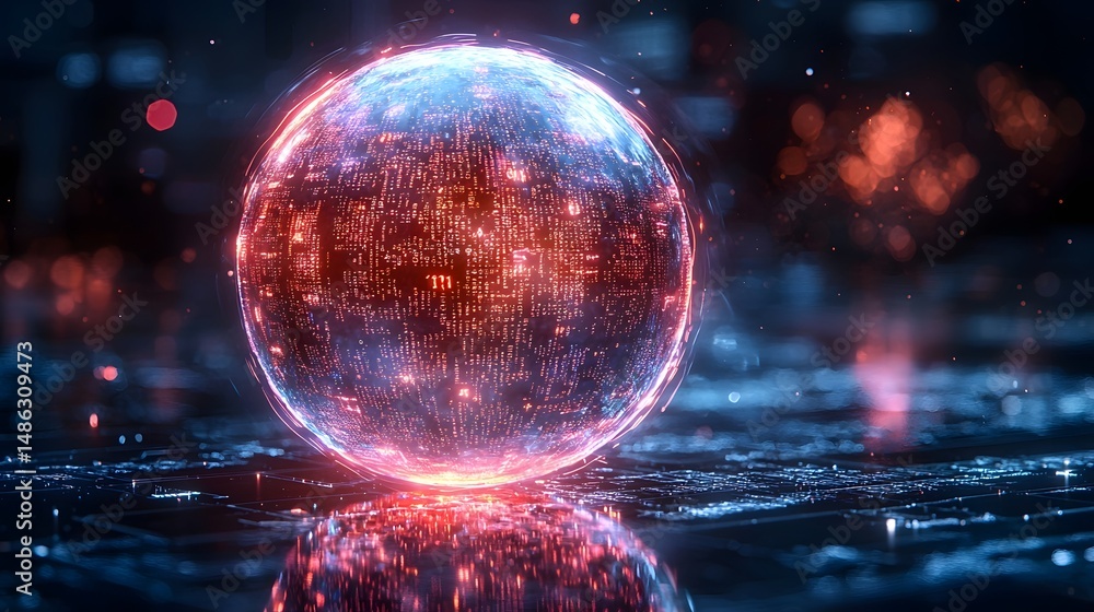 Poster glowing sphere of floating text bubbles representing ai detected emotions