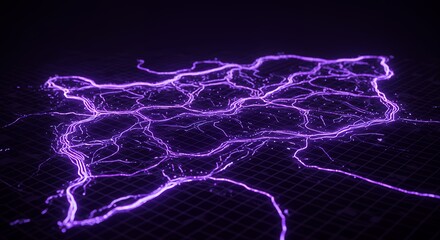 Illuminated neural network concept visualization in vibrant violet hue on dark grid