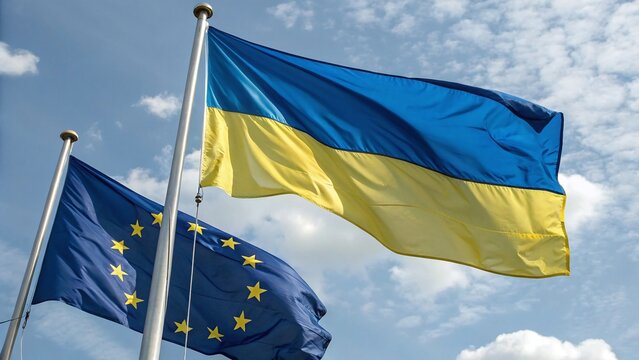 Ukraine and European Union flags flying together