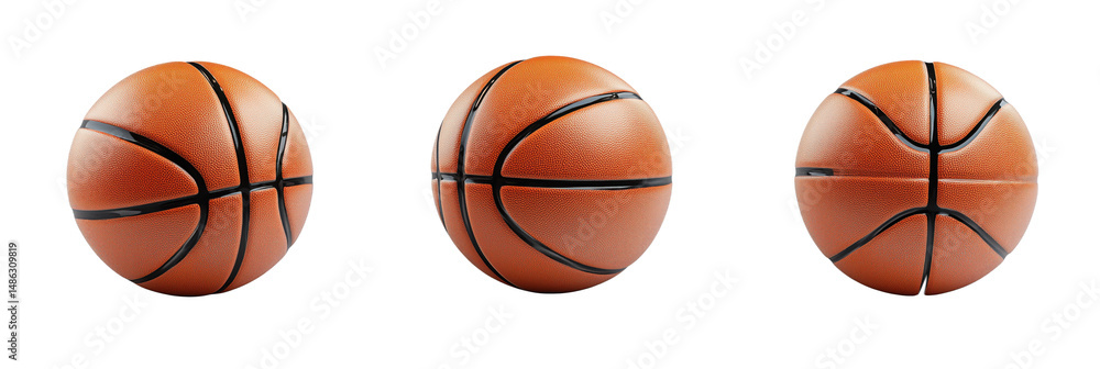 Poster realistic basketballs in three different angles showcasing texture and design, isolated on transpare