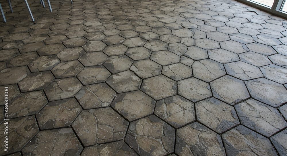 Poster hexagonal stone tile floor pattern: modern interior design with unique geometric shapes and natural 
