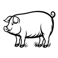 Monochrome Line Art Pig Standing on Grass with Curly Tail & Smiling Face