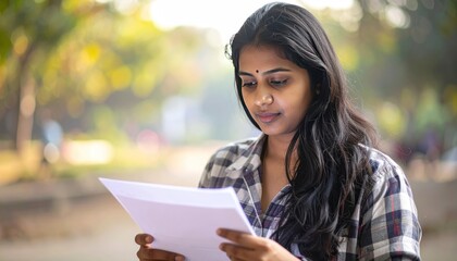 Fototapeta premium Woman with dark hair in checkered shirt reading paper outside