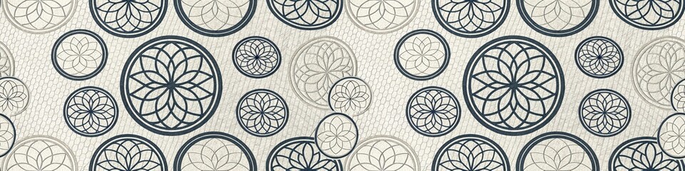 Geometric circular patterns with intricate floral designs repeat on a textured, neutral background.