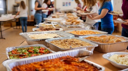 A long table filled with various homemade dishes invites a sense of community at the potluck dinner. Friends gather, serving plates and sharing meals together