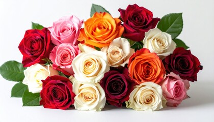 Obraz premium Colorful assortment of red, pink, white, and orange roses in full bloom, laid on a plain white background