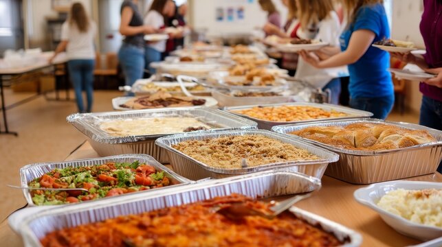 A long table filled with various homemade dishes invites a sense of community at the potluck dinner. Friends gather, serving plates and sharing meals together
