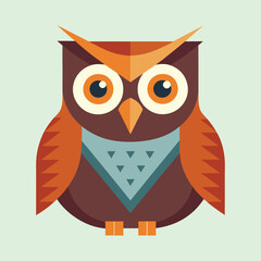 Geometric owl illustration with brown, orange, and light blue color palette