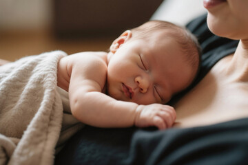 Close-up of a baby sleeping peacefully on mother’s chest under warm indoor lighting. Captures comfort, love, and maternal bonding in a soft, intimate setting.

