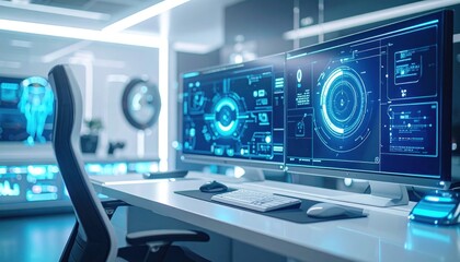 Futuristic office with dual screens displaying blue digital data interfaces