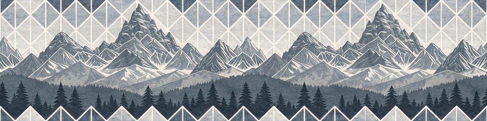 Fototapeta premium A stylized geometric pattern depicting mountain ranges and pine forests in cool, muted tones.