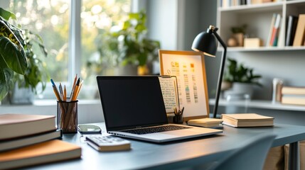 Naklejka premium A modern study desk with books, a laptop, and a vision board for motivation.