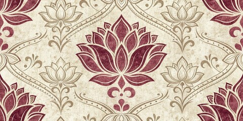 Ornate lotus flower pattern in red and beige, featuring intricate floral and geometric designs on a textured background.