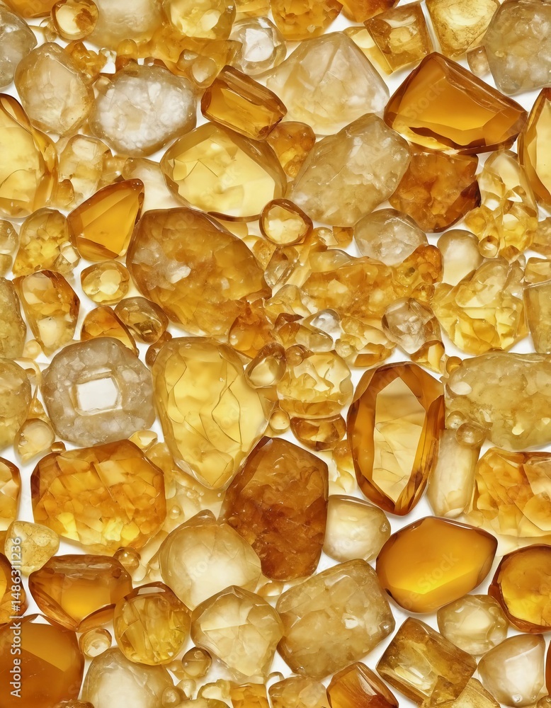 Poster shimmering golden amber stones of various shapes and sizes cascade together, showcasing a natural wo
