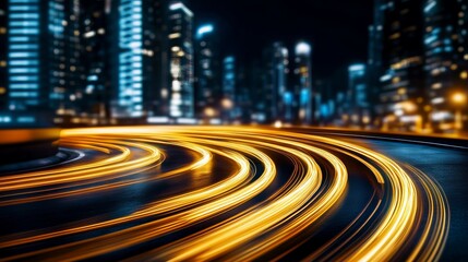 Glowing yellow light streaks illuminate the dark road curving through an urban landscape with blurred buildings at night.