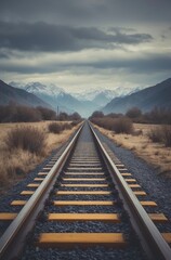 Fototapeta premium Endless Railway Through Misty Mountains Under Cloudy Sky