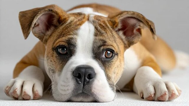 Adorable Bulldog Puppy: A charming bulldog puppy with a captivating gaze, brown and white fur, and endearingly droopy ears, rests on a light gray surface.
