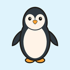 Cartoon Penguin Illustration on Light Blue Background with Black Outline and Cute Eyes
