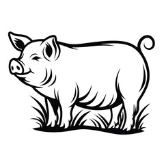 Black & White Pig Farm Animal Outline, Curly Tail, Grass, Isolated