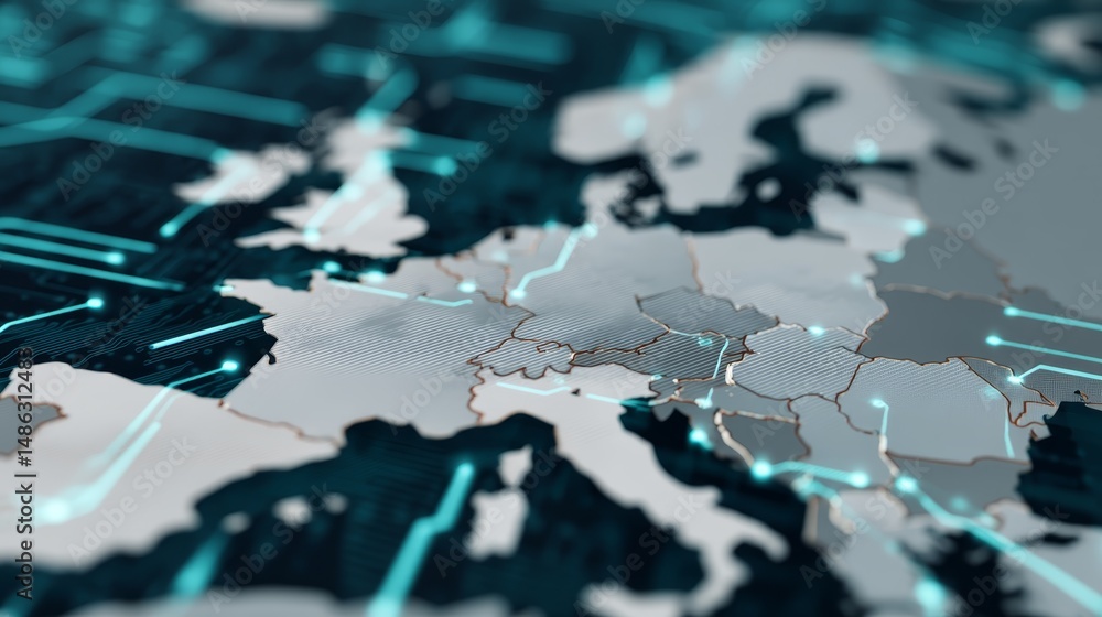 Poster a wide shot reveals a digital map of europe, featuring glowing connection nodes and circuit lines to